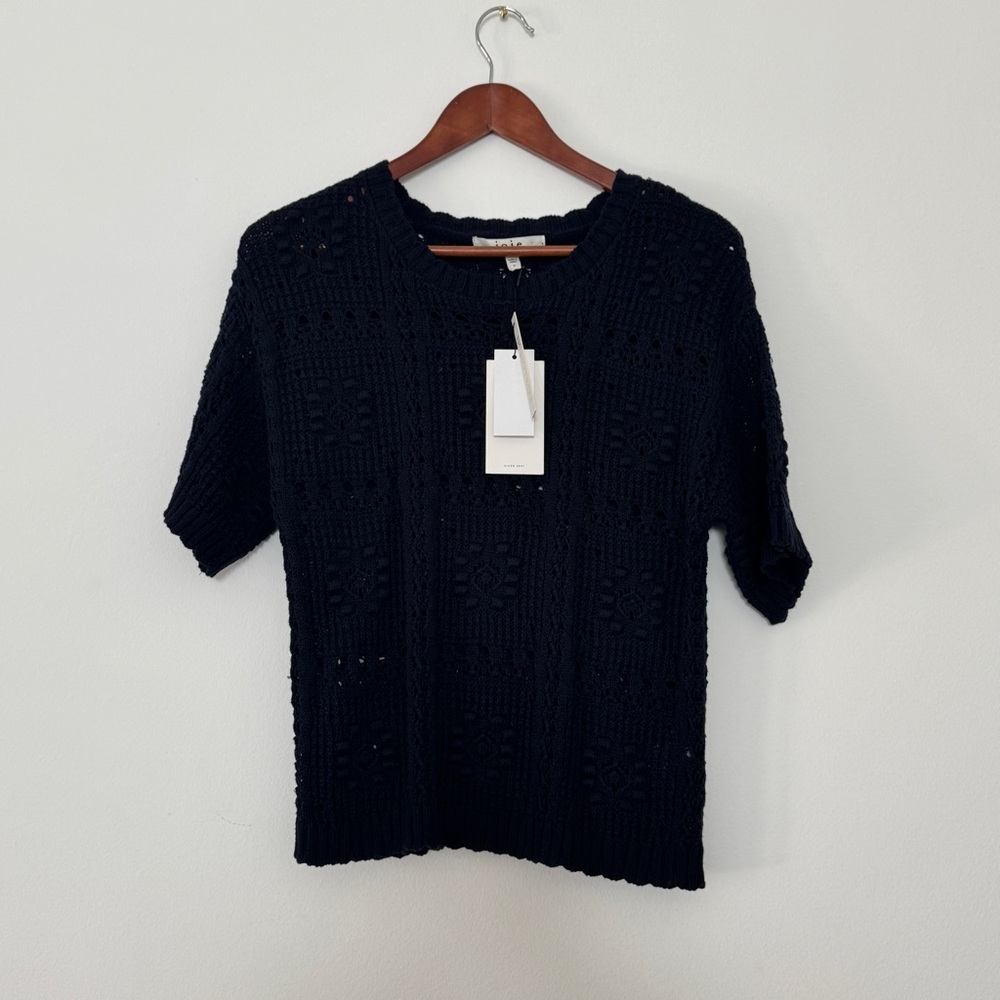 NWT Joie Navy Blue Crochet Short Sleeve Knit Sweater Size S